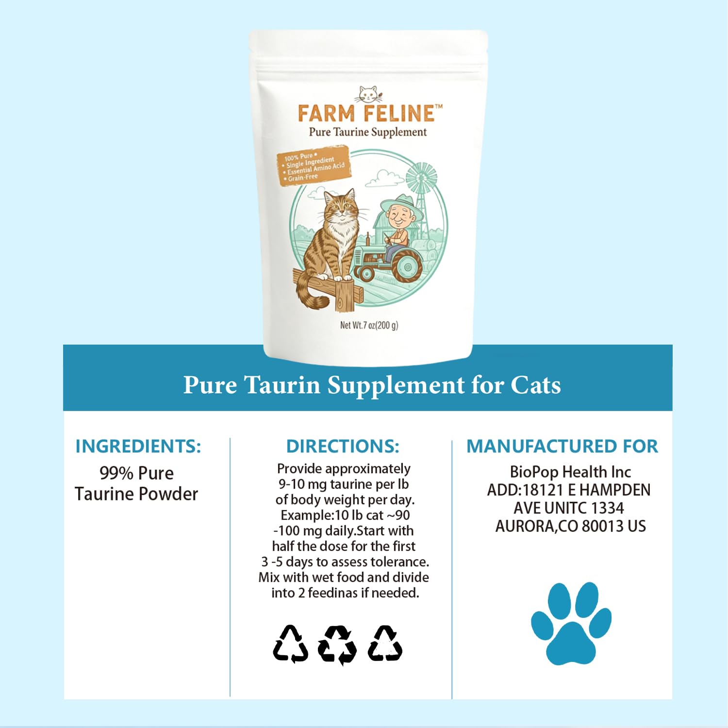 Umizze Taurine scoop measures dosage for easy daily feeding.