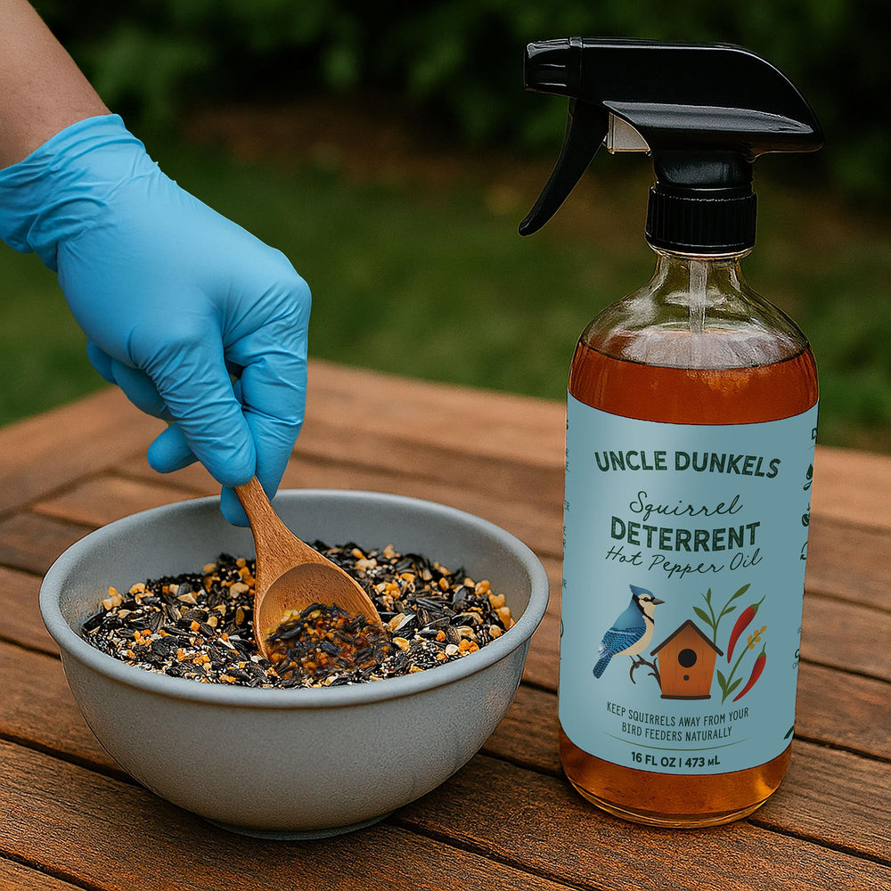 Uncle Dunkels deterrent sprayed on seeds demonstrates easy, quick protection for feeders.