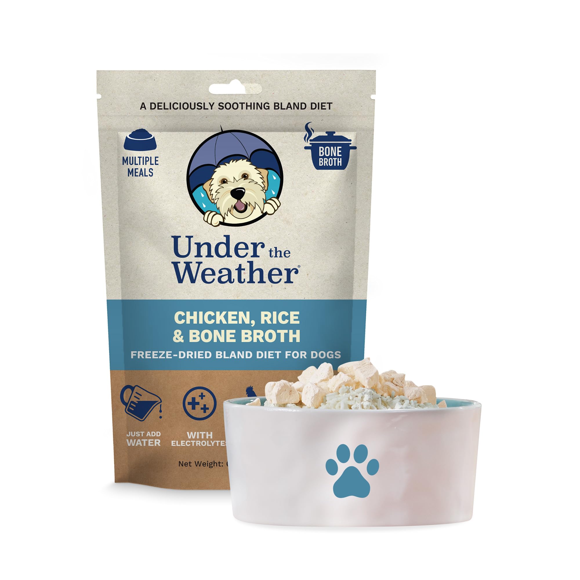Under the Weather Bland Diet pouch beside a dog bowl for quick hydration.