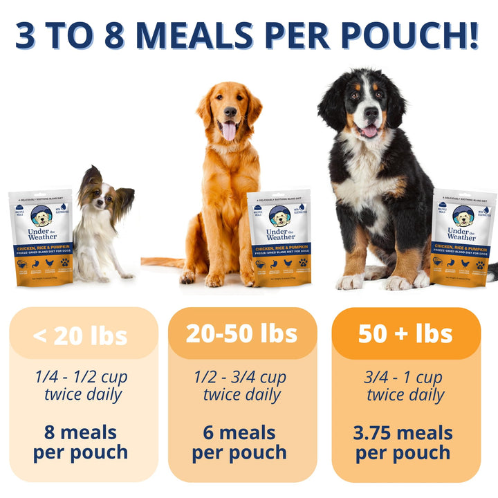Under the Weather bland diet freeze-dried pack highlights convenient preparation.