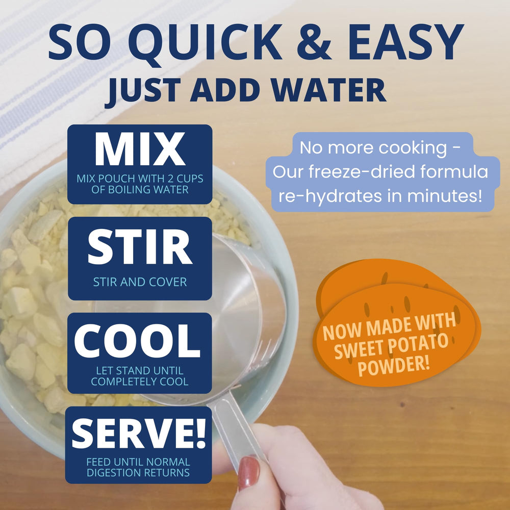 Ingredients highlight chicken and rice for digestible nutrition.