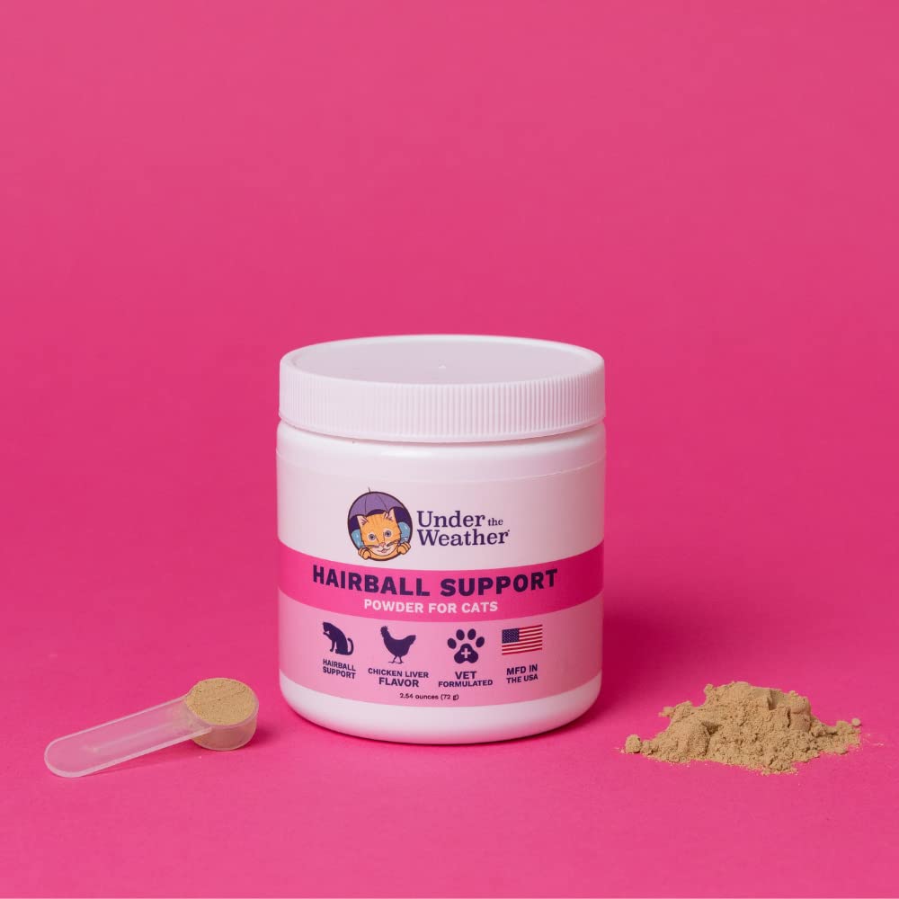 Powder sprinkled on cat food for convenient administration with meals.