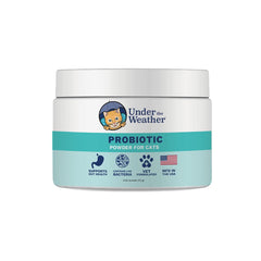 Under the Weather Pet Probiotics Powder bottle supports digestive balance for cats.