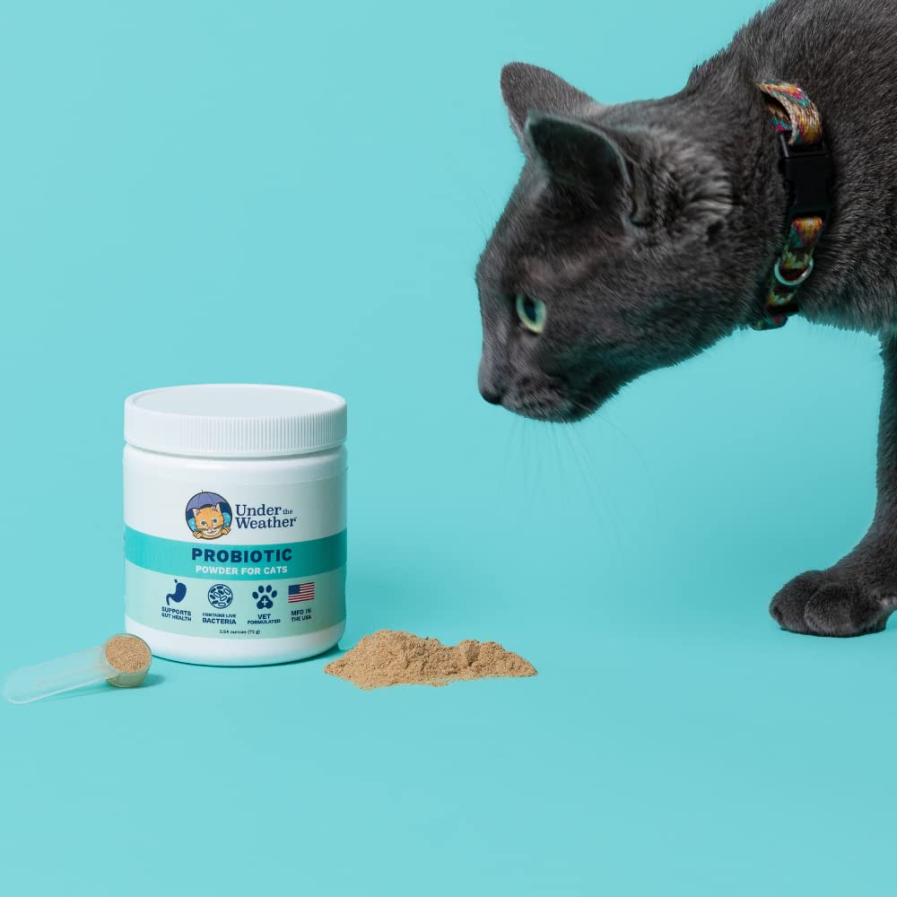 Under the Weather Pet Probiotics Powder packaging notes USA-made quality.