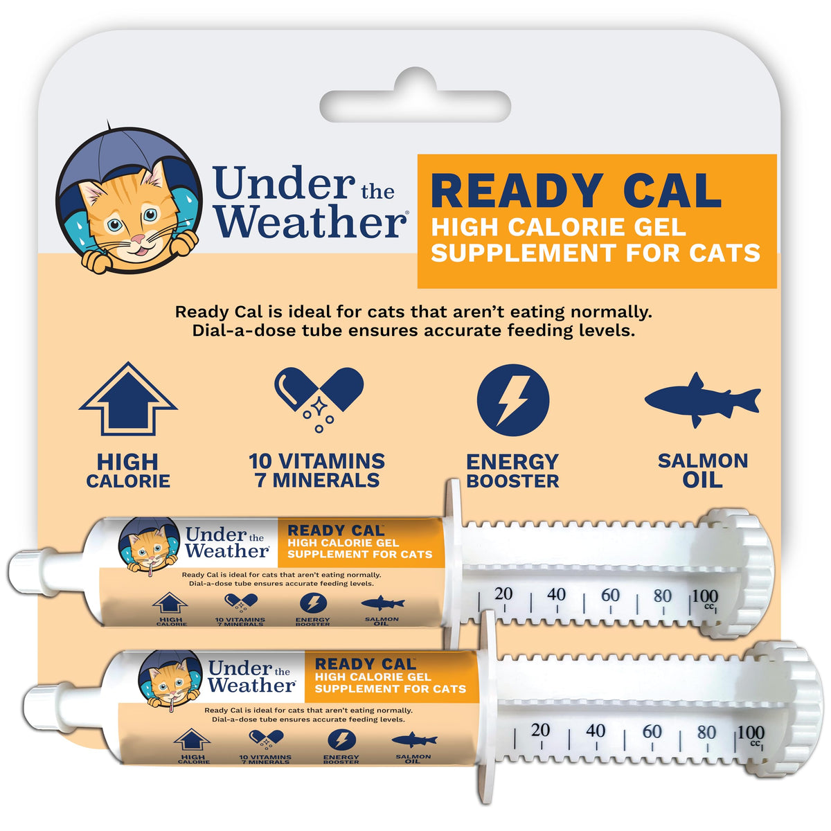 Under The Weather Ready Cal for Cats bottle showing a 100cc serving for energy support.