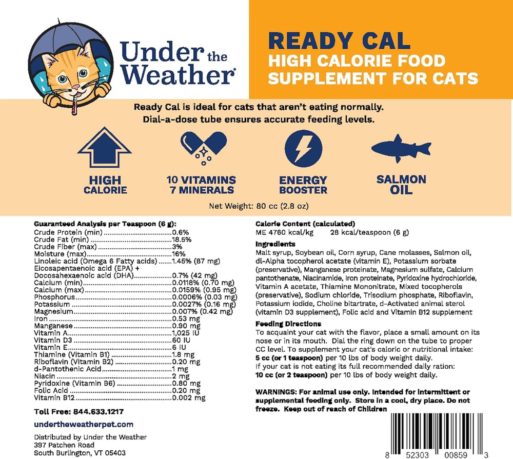 Under The Weather Ready Cal cat dose-spout demonstrates easy, mess-free administration.