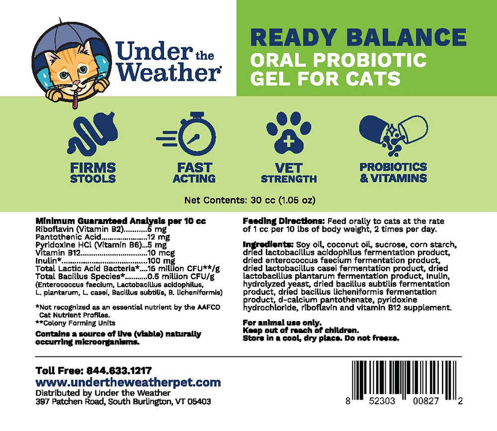 Under the Weather Ready Balance gel close-up highlights probiotic support for cats.