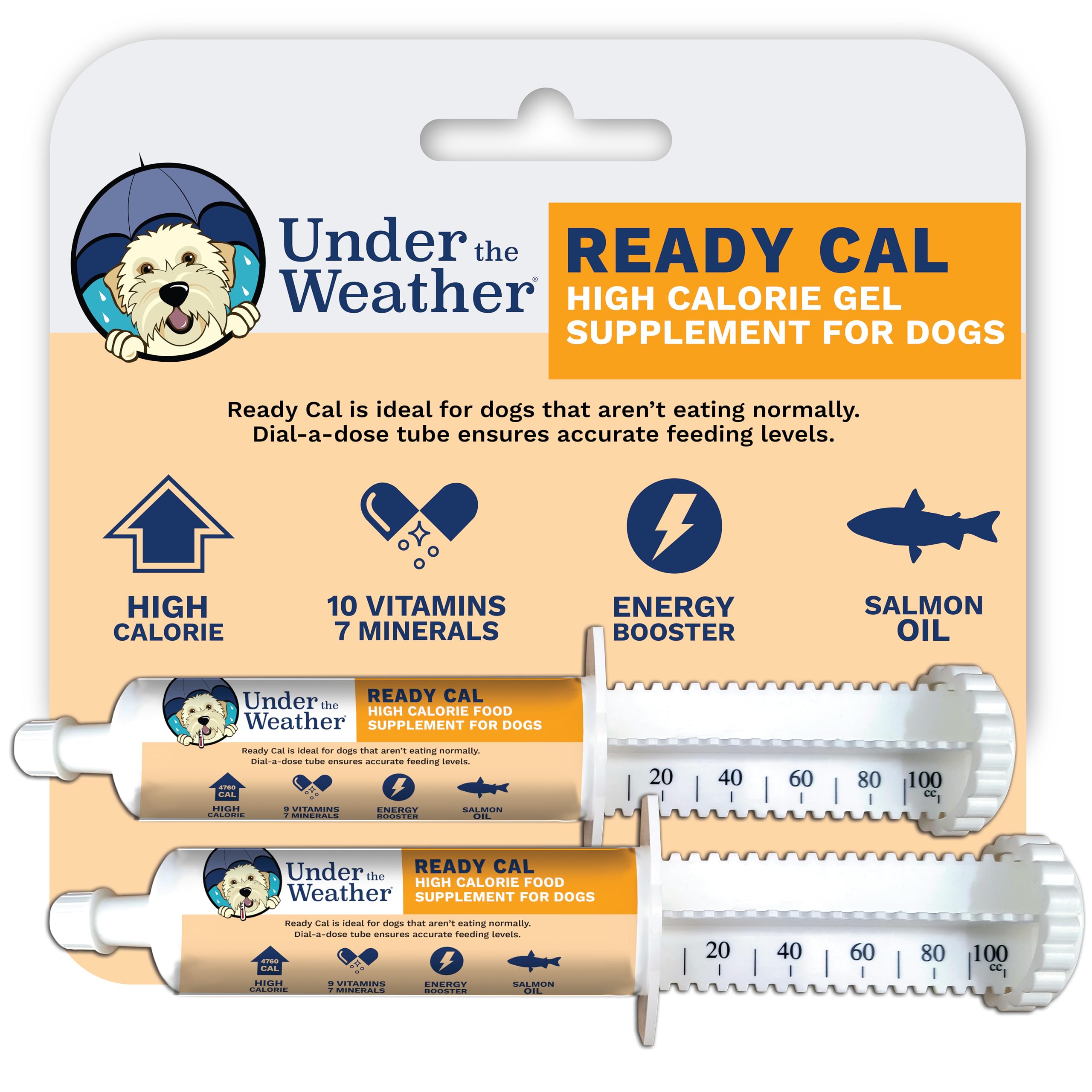 Under the Weather Ready Cal for Dogs bottle showing a 100cc serving for daily use