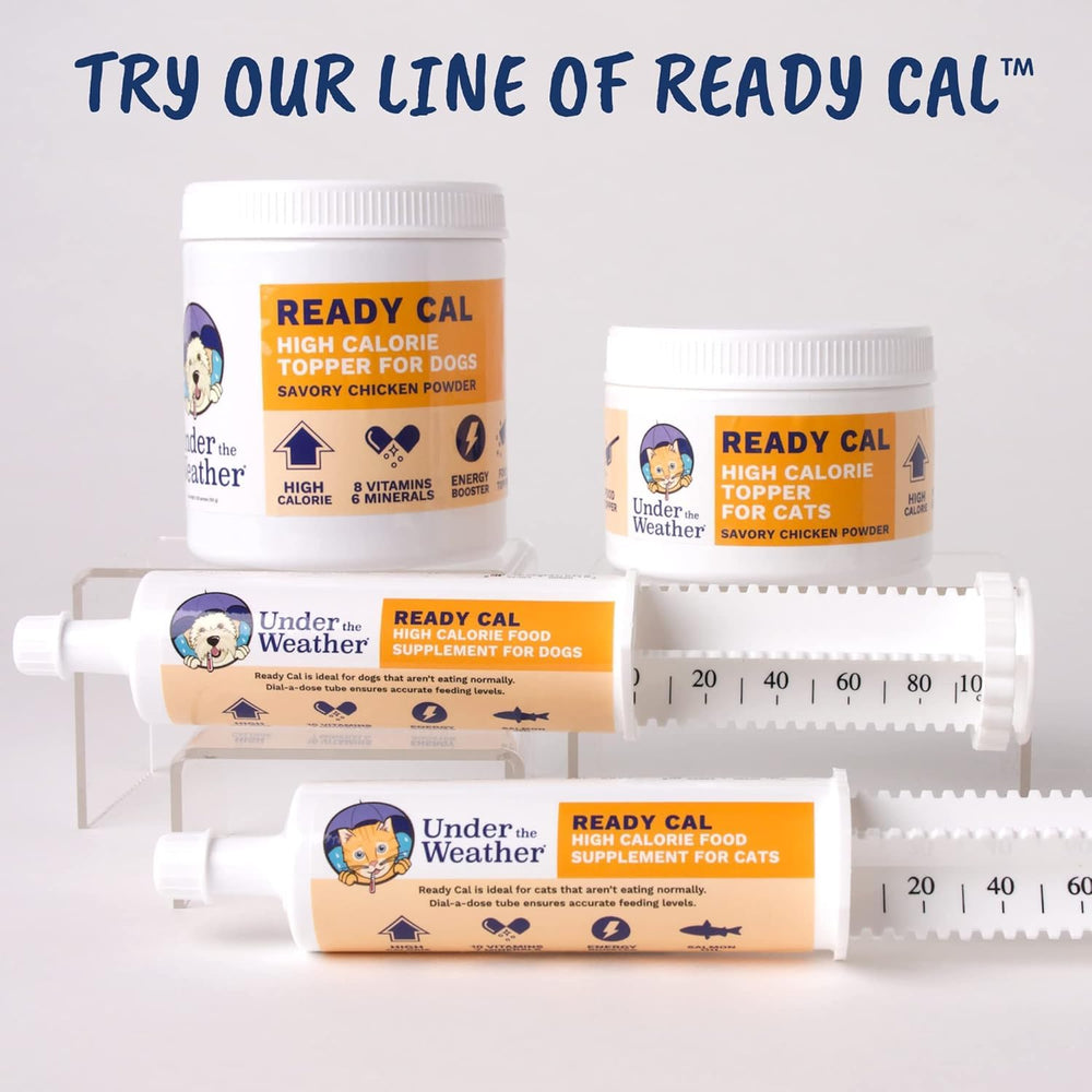Under the Weather Ready Cal serving image demonstrates easy daily mixing for pet care.