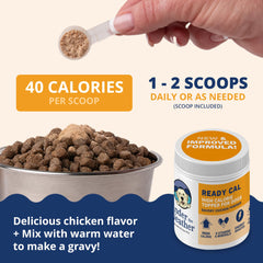 Under the Weather Ready Cal Powder poured over dog food for a tasty meal boost