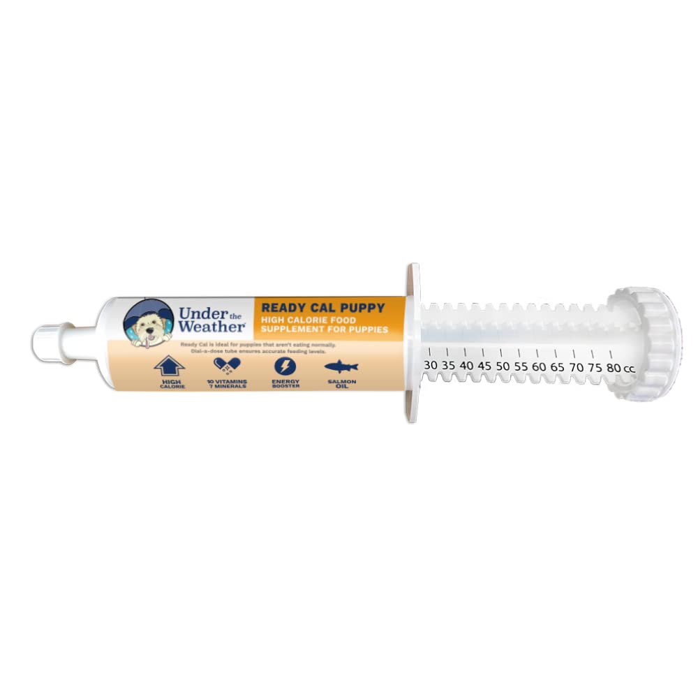 Under the Weather Ready Cal puppy 80cc dial-a-dose tube for precise daily dosage.