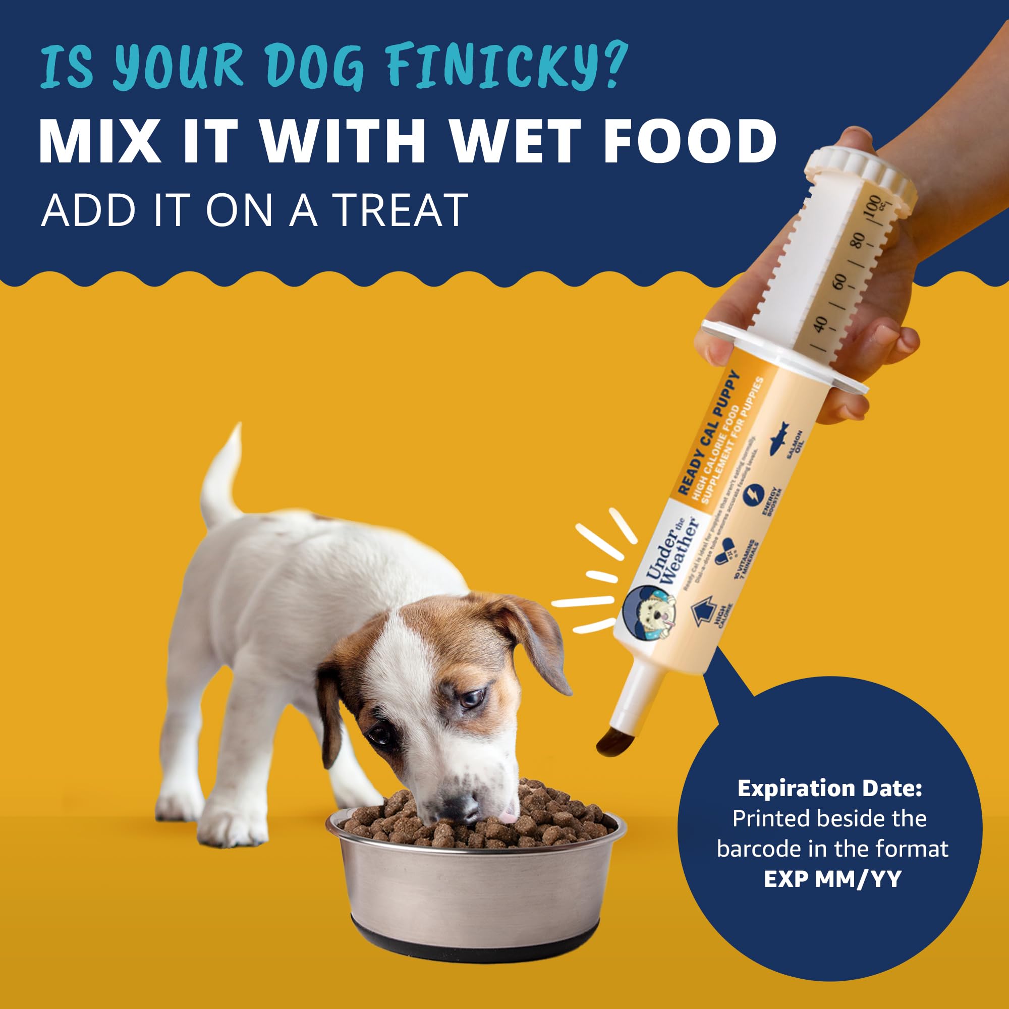 Under the Weather Ready Cal puppy 80cc packaging with dosage guidance for caregivers.