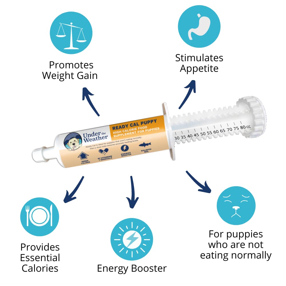 Under the Weather Ready Cal puppy 80cc gel dispensing for easy feeding support.