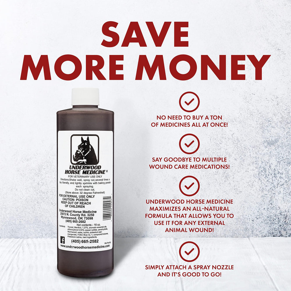 Underwood Horse Medicine wound spray reaches hard-to-treat areas like joints and legs.
