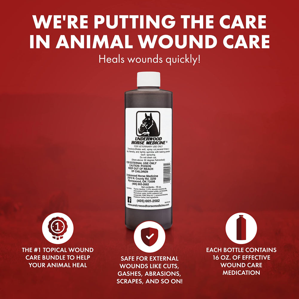 Underwood Horse Medicine wound spray application on wound promotes gentle, no-sting care.