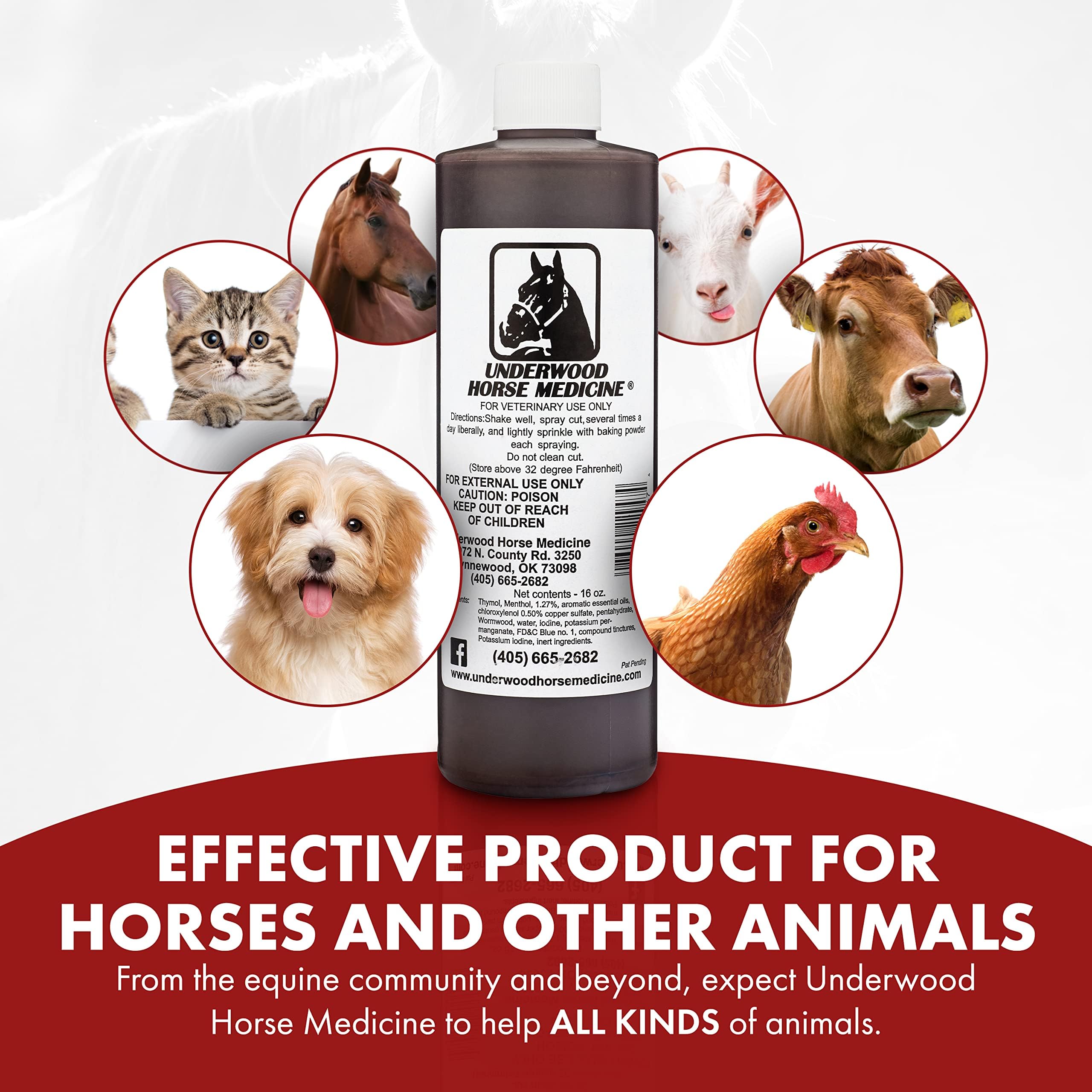 Underwood Horse Medicine wound spray label closeup shows safety and usage tips.
