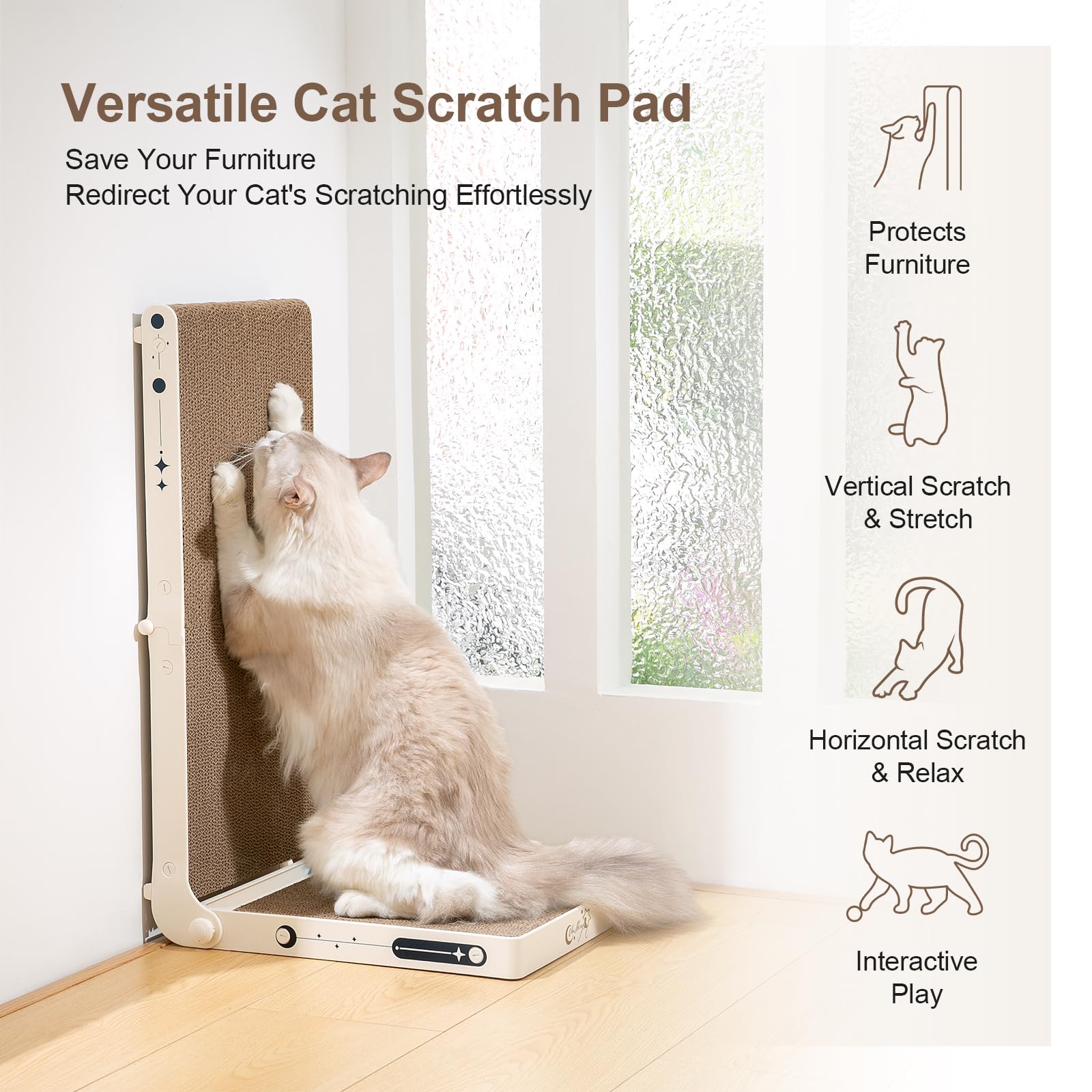 UniBlissy cat scratcher with attached ball toy for interactive play.