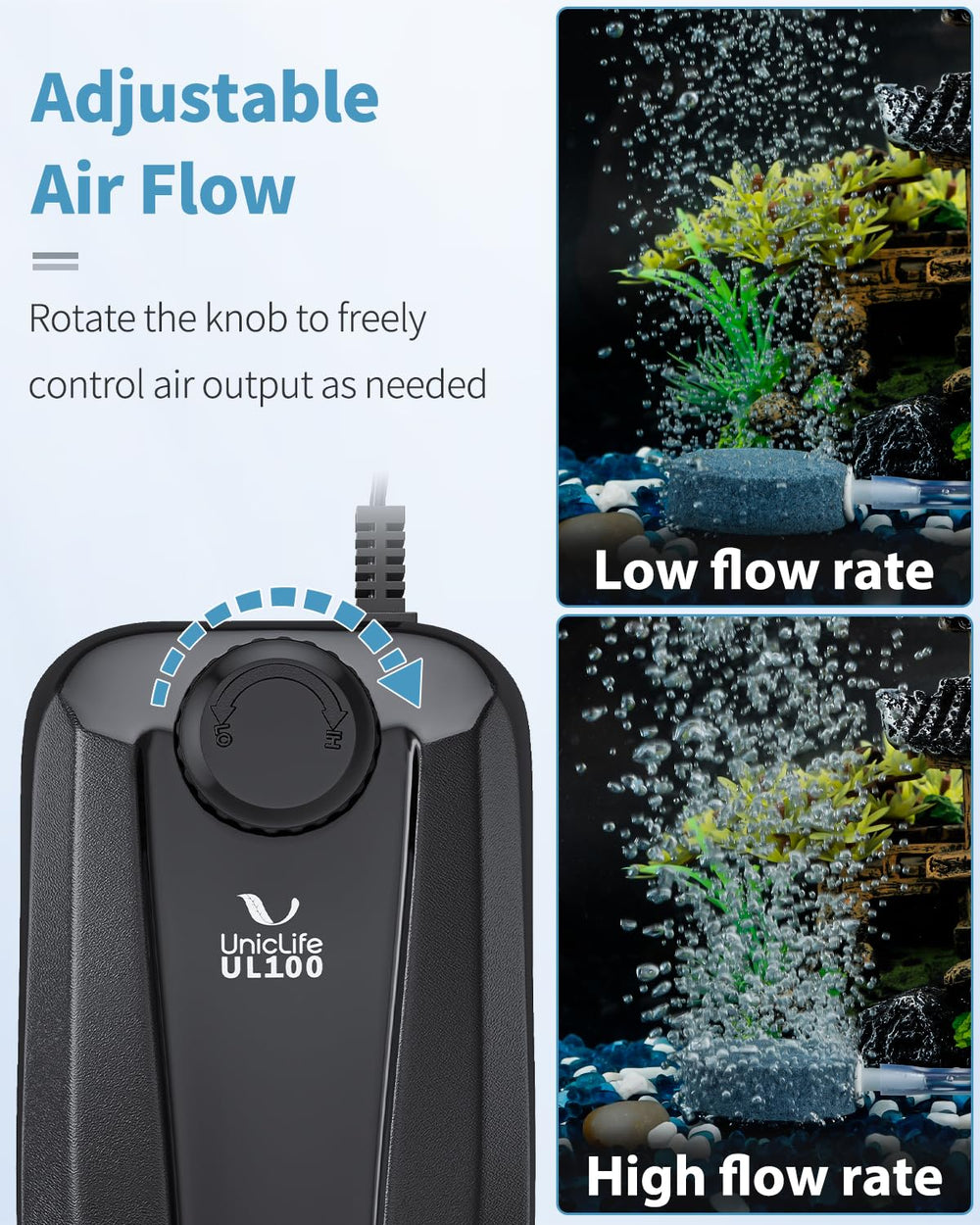 Uniclife air pump with flow control knob for precise air delivery.
