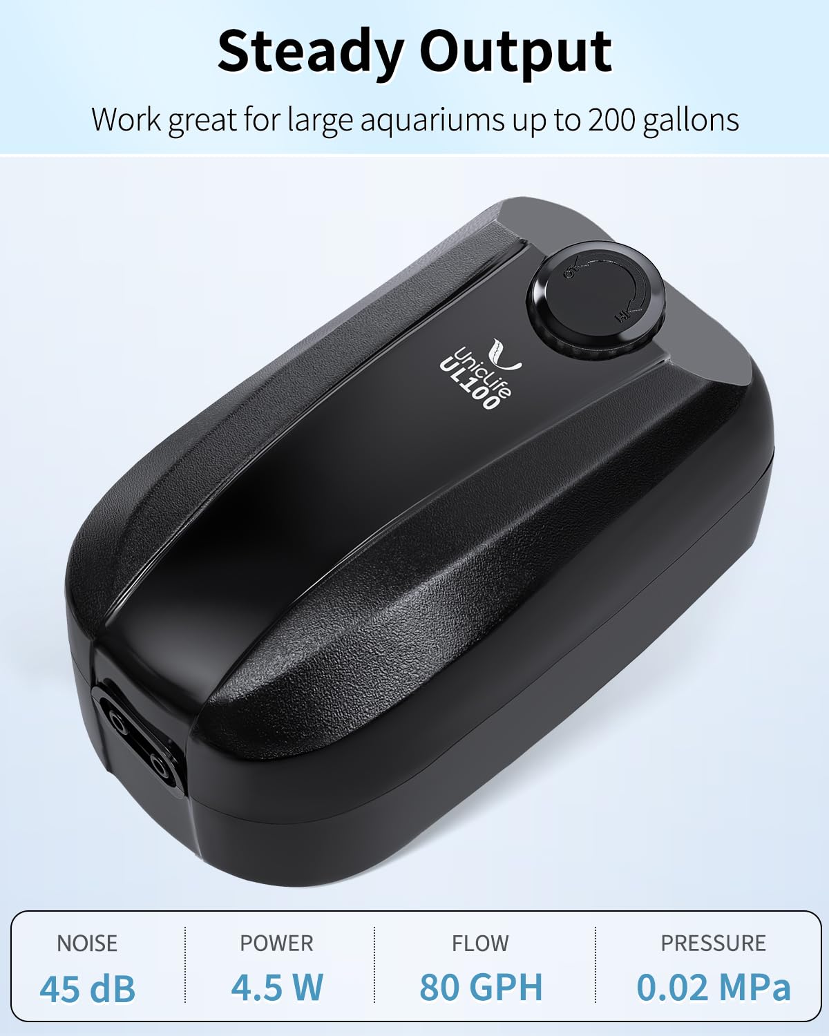 Uniclife aquarium air pump operates quietly for peaceful tanks.