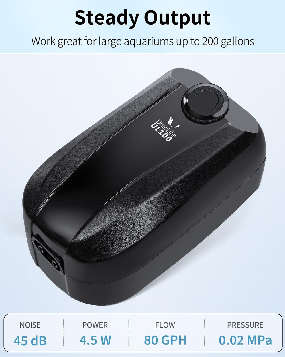 Uniclife aquarium air pump operates quietly for peaceful tanks.