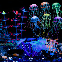 Uniclife glowing jellyfish 1 enhances tank ambience under blue light.