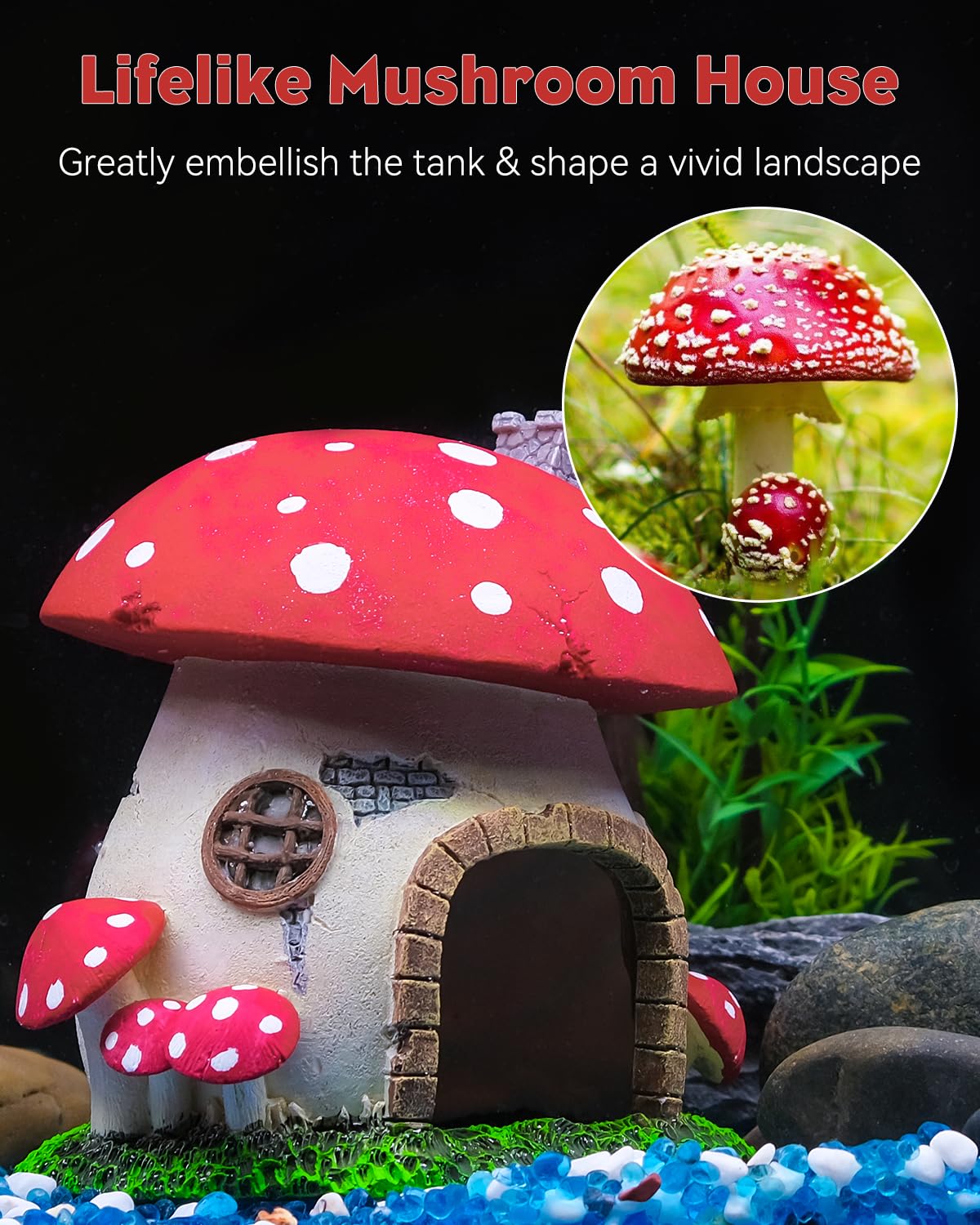 Uniclife Mushroom House side view highlights colorful detail and habitat cue.