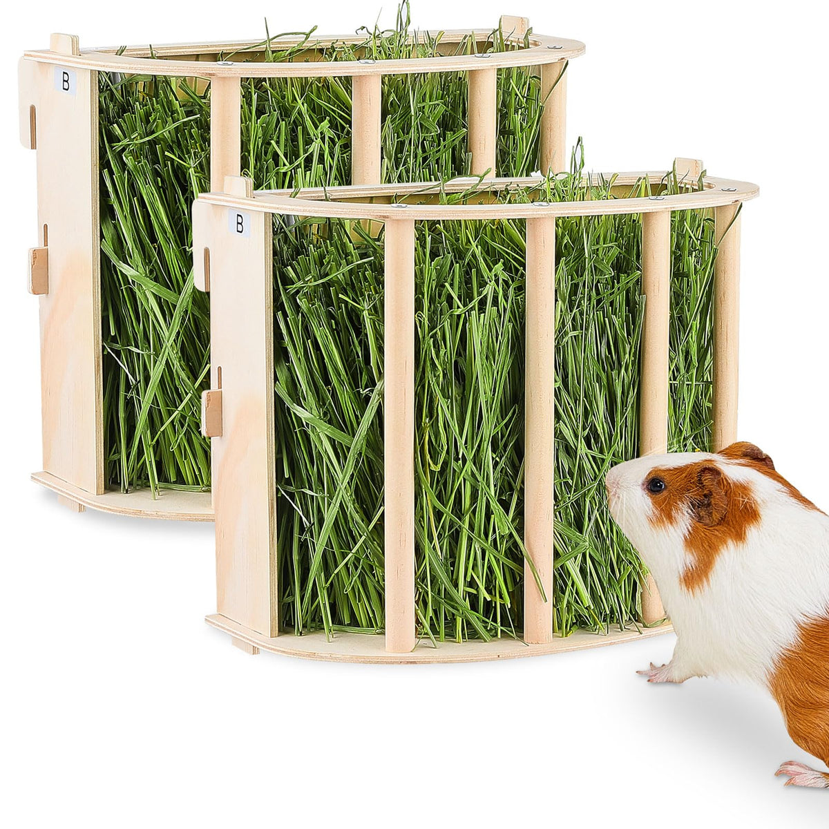 Unicorn Catcher guinea pig hay feeder front view shows natural wood for tidy cages.