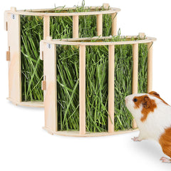 Unicorn Catcher guinea pig hay feeder front view shows natural wood for tidy cages.