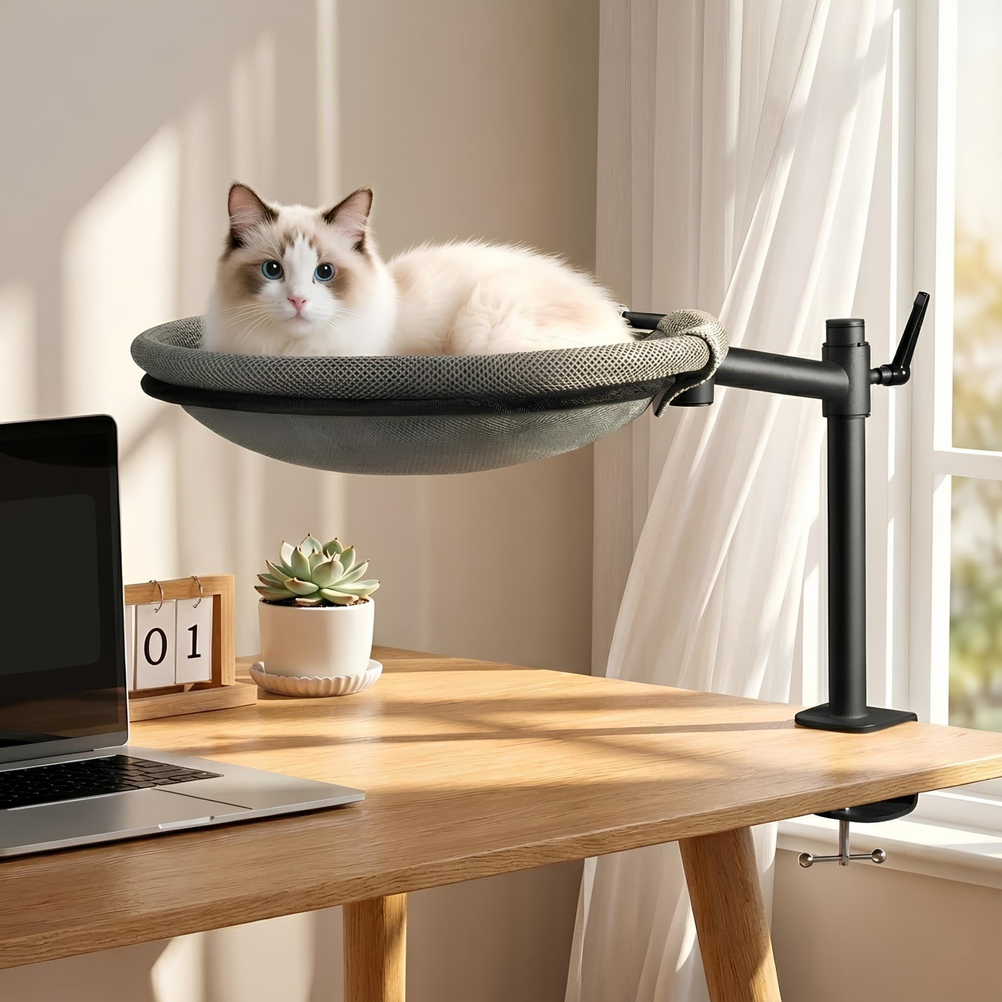 Unidevice Cat Desk Bed showing 360° rotation for flexible viewing.