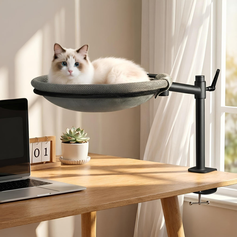 Unidevice Cat Desk Bed showing 360° rotation for flexible viewing.