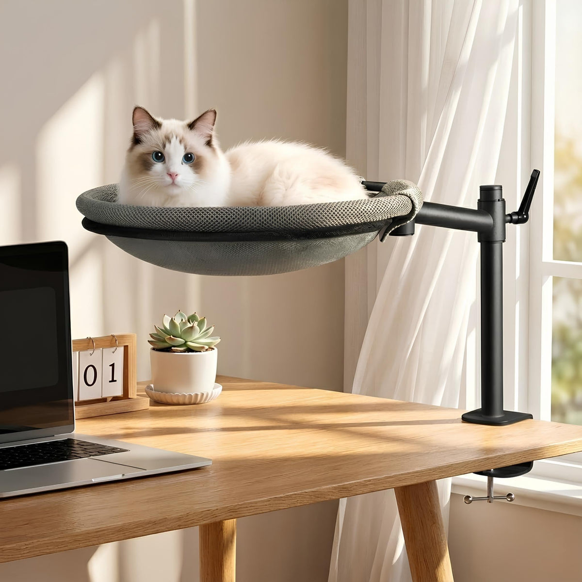 Unidevice Cat Desk Bed showing 360° rotation for flexible viewing.