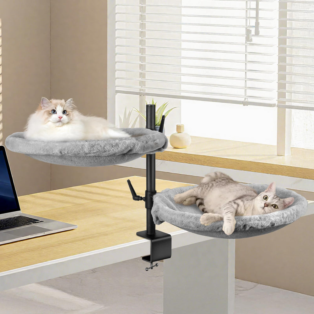 Unidevice double cat desk bed front view with two cozy nests for shared feline focus
