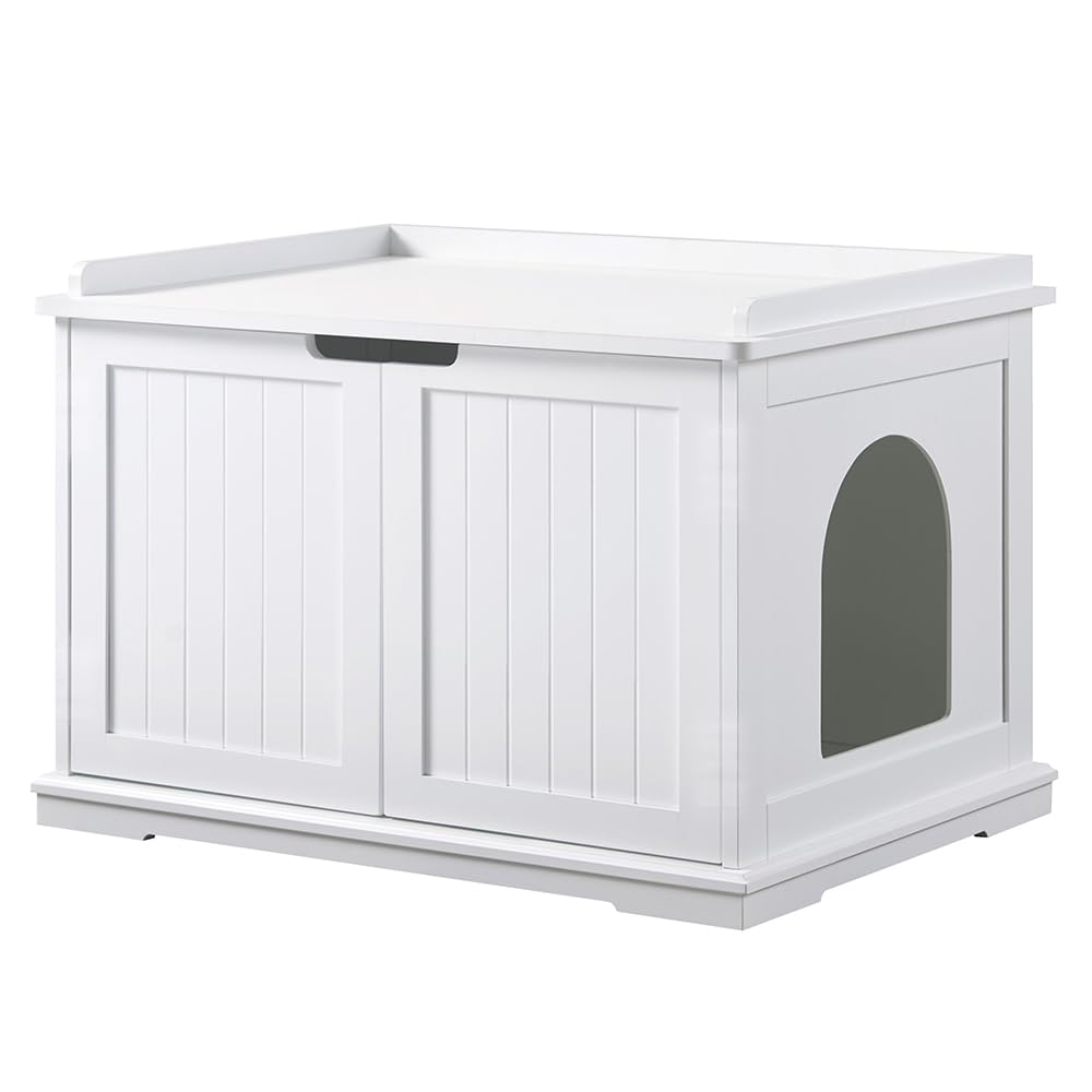 Unipaws cat litter box enclosure front view hiding litter while blending with decor