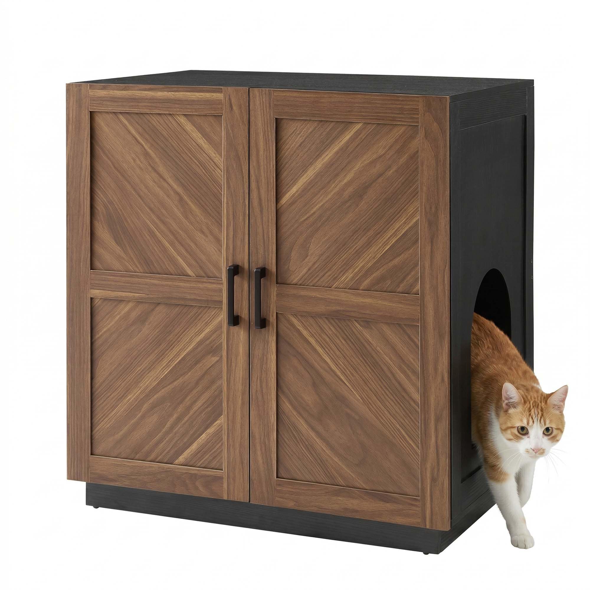 unipaws cat litter enclosure in walnut and black with front view and dual doors