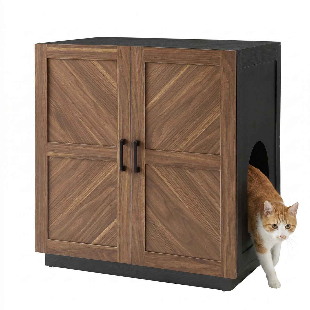 unipaws cat litter enclosure in walnut and black with front view and dual doors