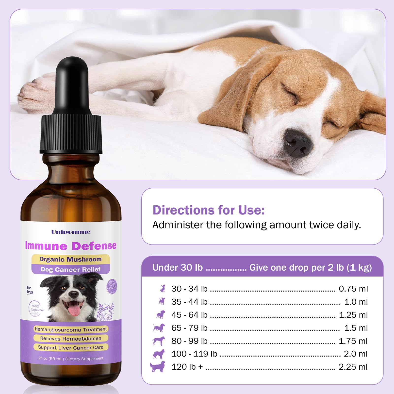 Unipomme liquid being poured into dog food for convenient dosing.