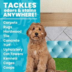 Unique odor elimination enzymes reduce pet smells in cars and litter areas.