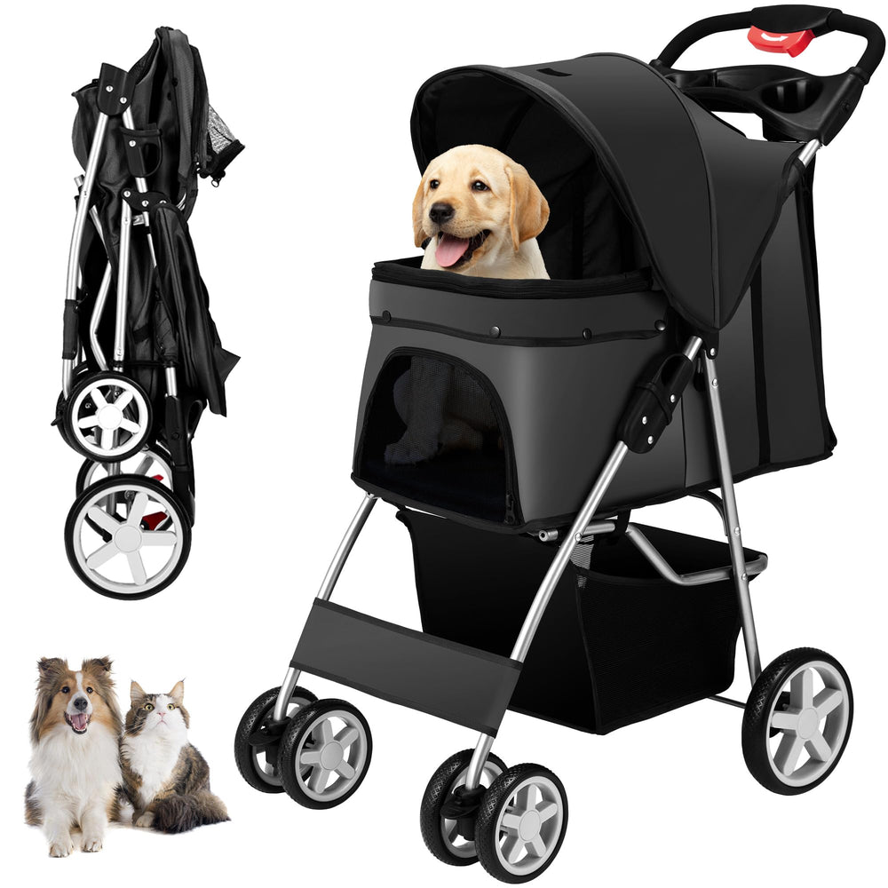 Unisakey pet stroller front view showing accessible interior and foldable design