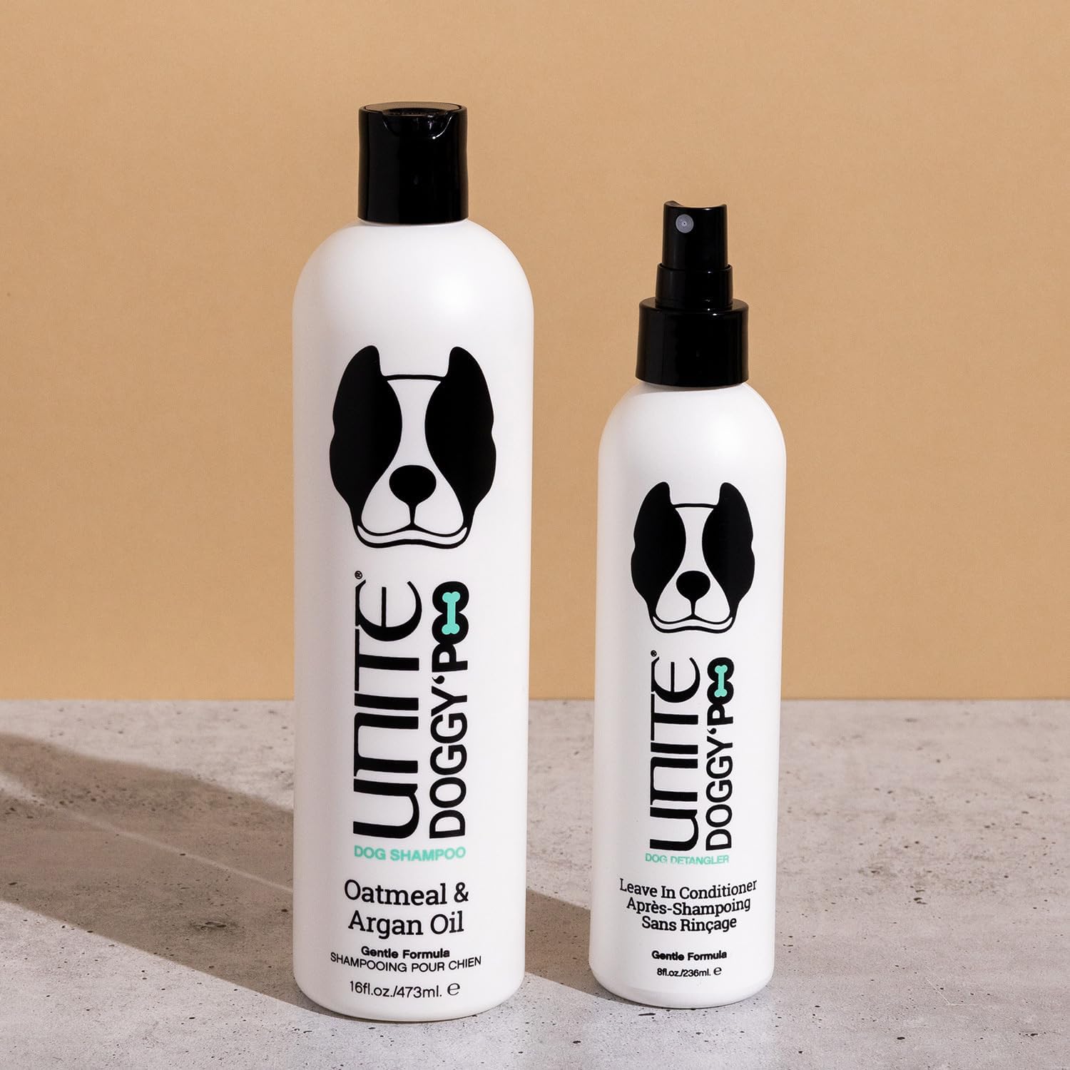 UNITE Doggy Poo Shampoo close-up highlights shine and hydrated coat after wash.