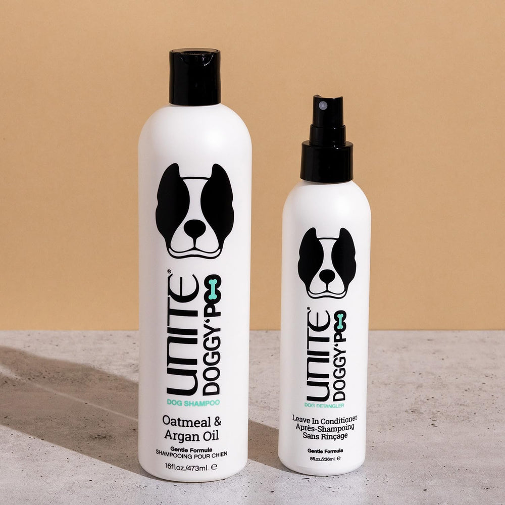 UNITE Doggy Poo Shampoo close-up highlights shine and hydrated coat after wash.