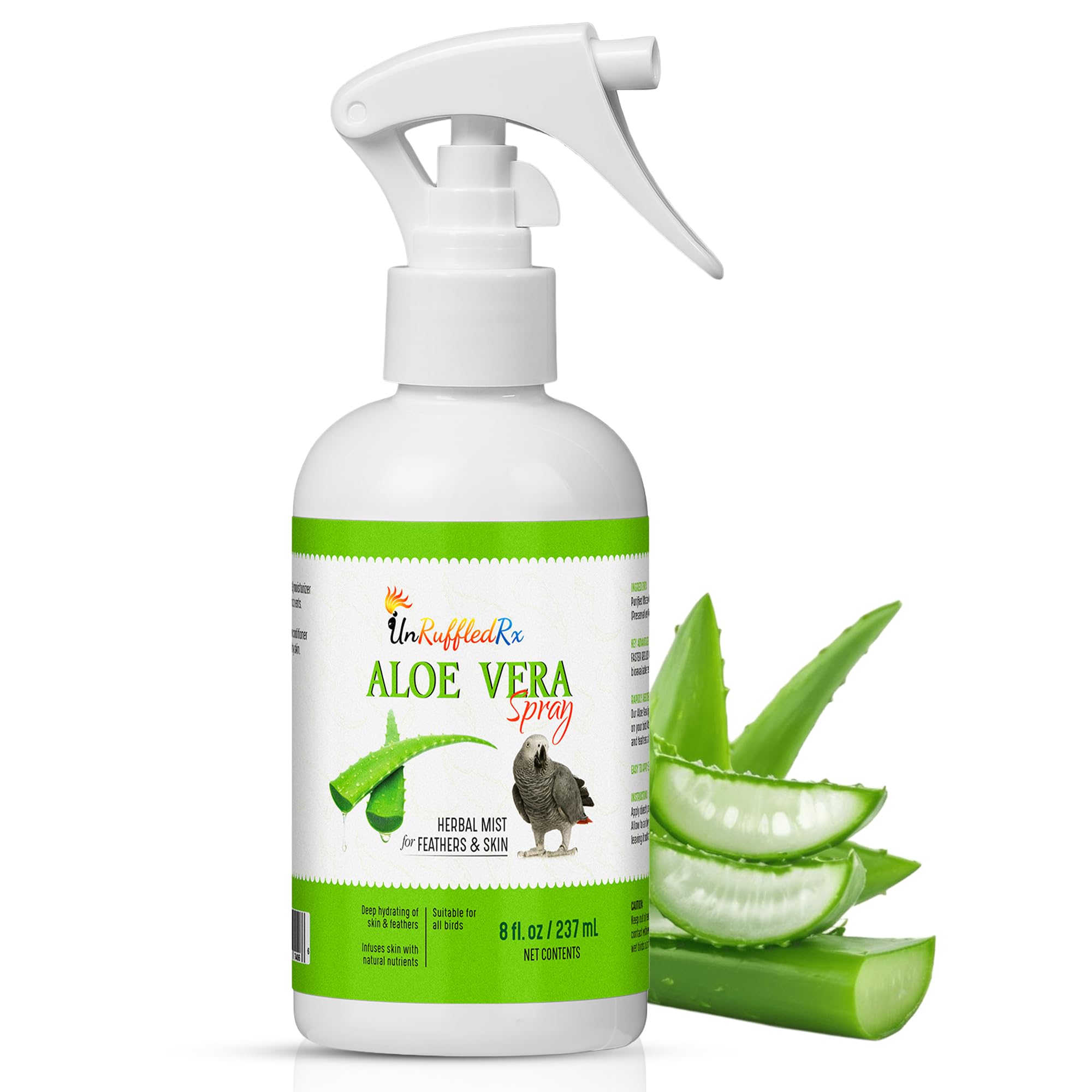 UnRuffledRx Aloe Vera Bird Spray bottle showing gentle feather cleansing.