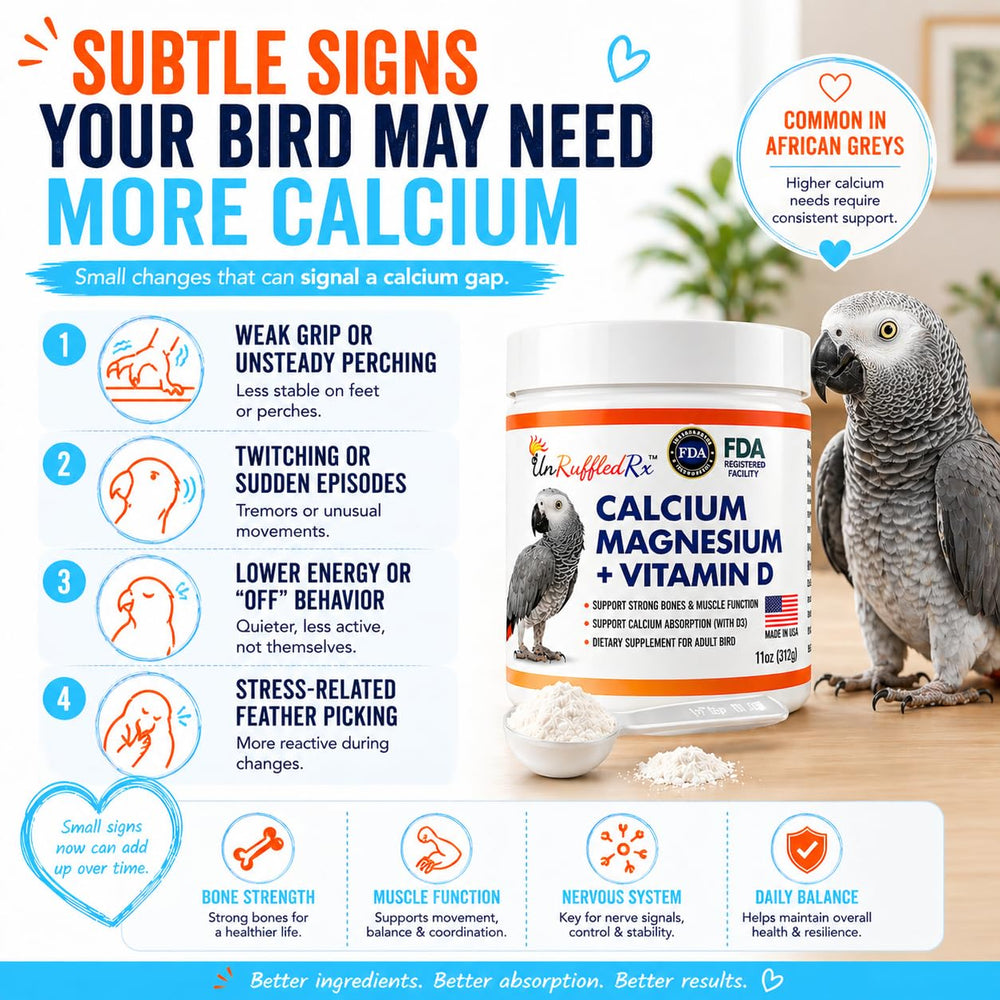 UnRuffledRx Bird Calcium Plus with D3 promotes mineral absorption and muscle support in birds.