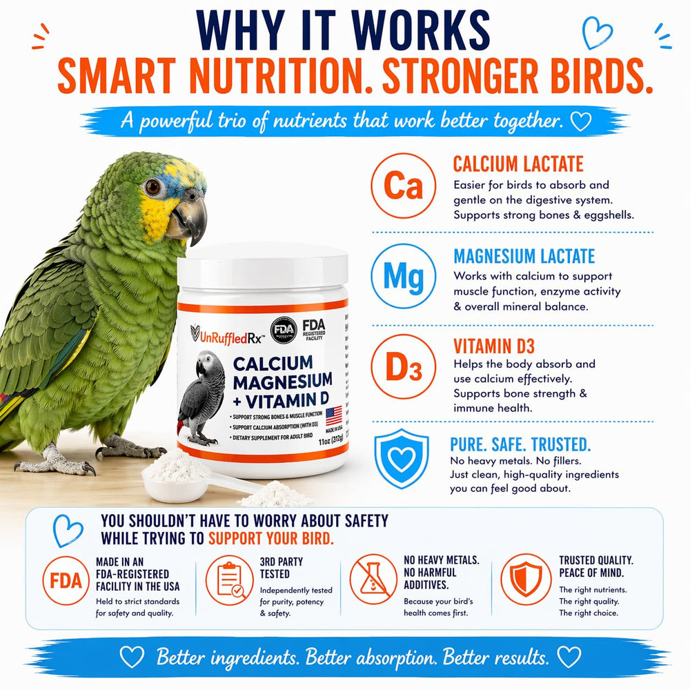 UnRuffledRx Bird Calcium Plus supports eggshell quality in breeding parrots.