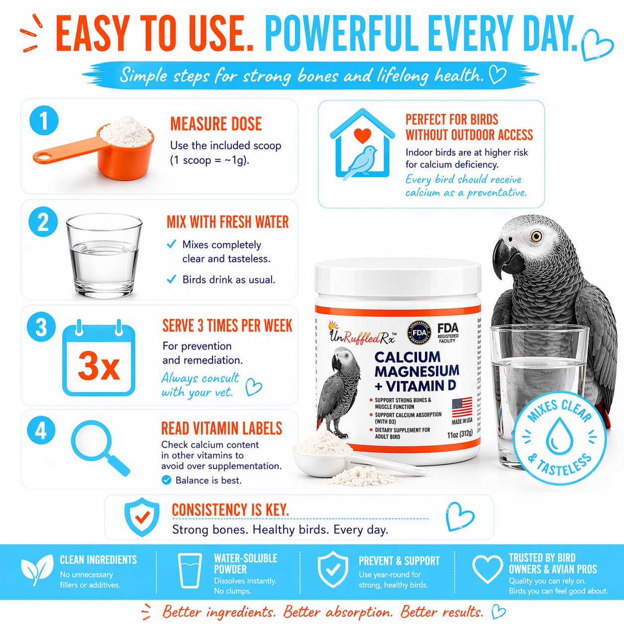 UnRuffledRx Bird Calcium Plus enhances feather growth and plumage health.
