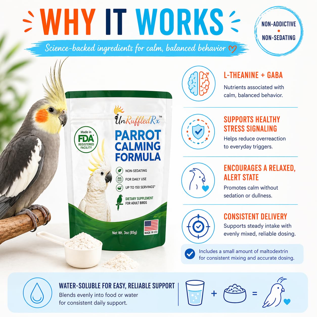 UnRuffledRx Calming Formula easy daily dosing beside fresh water.