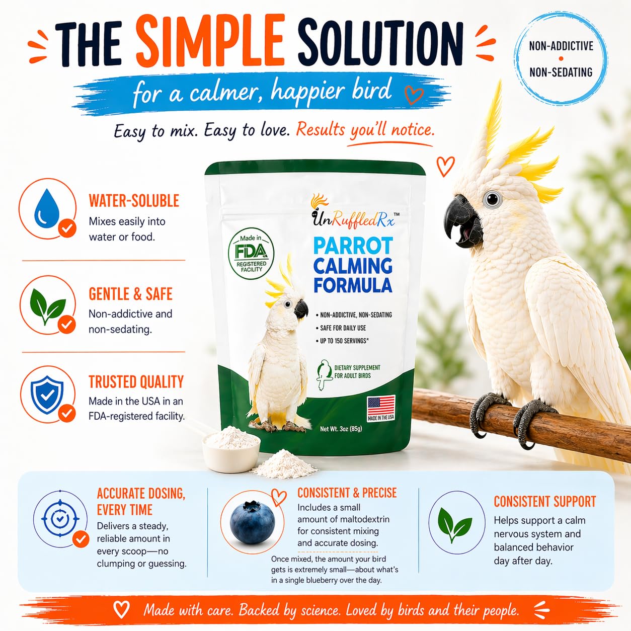 UnRuffledRx Calming Formula contains GABA and L-theanine for calmer parrots.