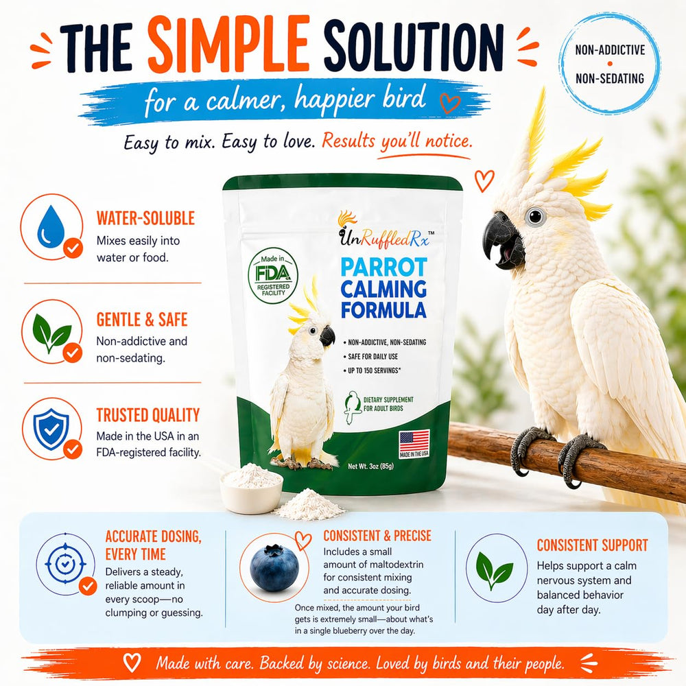 UnRuffledRx Calming Formula contains GABA and L-theanine for calmer parrots.