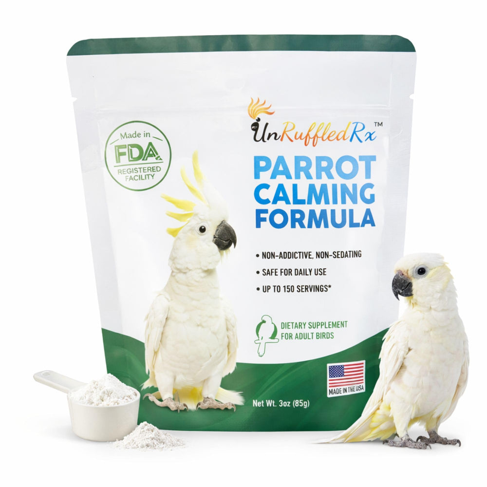 UnRuffledRx Calming Formula parrot bottle on shelf, non-sedating daily support for stressed birds.