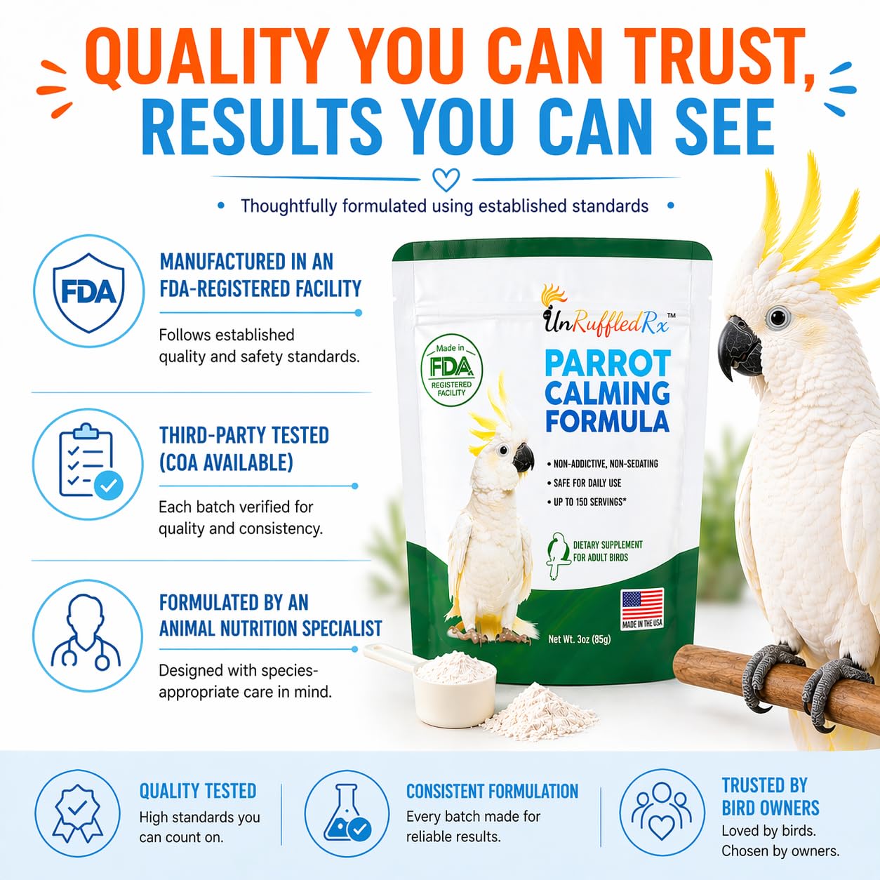 USA-made packaging highlights small-batch quality for parrots' wellness.