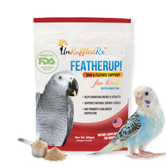 UnRuffledRx FeatherUp bottle-front for easy molt dosing and quick reference.